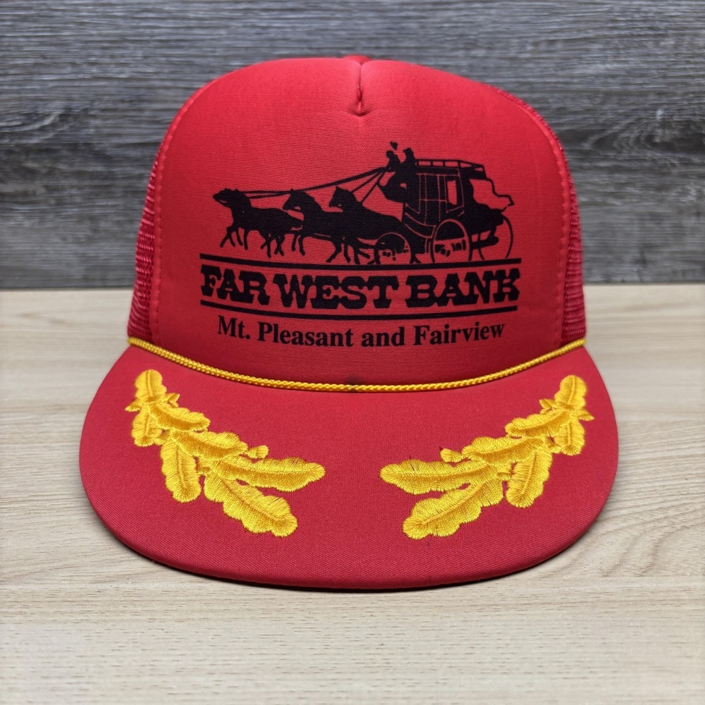 Vintage Far West Bank Hat Cap Snap Back Red Mesh Trucker Gold Leaf Mens 80s